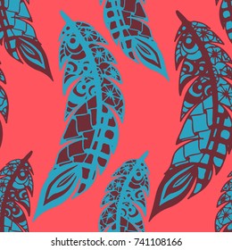 Seamless Pattern with Gentle Feathers. Feminine White Doodles on Light Background. Modern Rapport with Hand Drawn Zentangles Scanned and Traced to Vector. Romantic Texture for Wallpaper