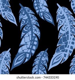 Seamless Pattern with Gentle Feathers. Feminine White Doodles on Light Background. Modern Rapport with Hand Drawn Zentangles Scanned and Traced to Vector. Romantic Texture for Wallpaper