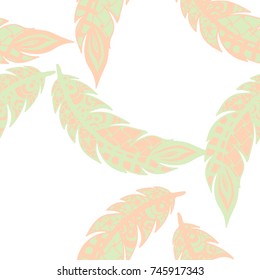 Seamless Pattern with Gentle Feathers. Feminine White Doodles on Light Background. Modern Rapport with Hand Drawn Zentangles Scanned and Traced to Vector. Romantic Texture for Wallpaper