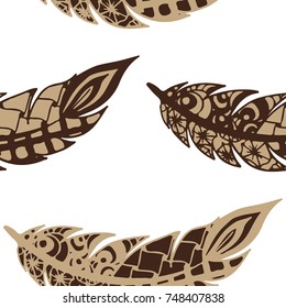 Seamless Pattern with Gentle Feathers. Feminine White Doodles on Light Background. Modern Rapport with Hand Drawn Zentangles Scanned and Traced to Vector. Romantic Texture for Wallpaper