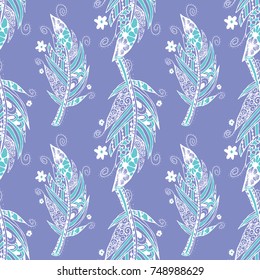 Seamless Pattern with Gentle Feathers. Feminine White Doodles on Light Background. Modern Rapport with Hand Drawn Zentzngles Scanned and Traced to Vector. Romantic Texture for Wallpaper