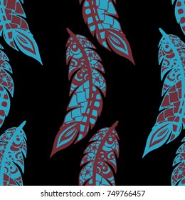 Seamless Pattern with Gentle Feathers. Feminine White Doodles on Light Background. Modern Rapport with Hand Drawn Zentangles Scanned and Traced to Vector. Romantic Texture for Wallpaper