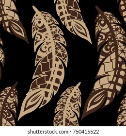 Seamless Pattern with Gentle Feathers. Feminine White Doodles on Light Background. Modern Rapport with Hand Drawn Zentangles Scanned and Traced to Vector. Romantic Texture for Wallpaper