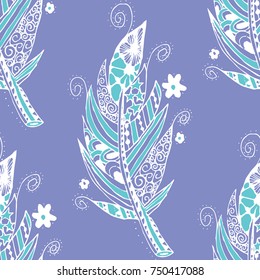 Seamless Pattern with Gentle Feathers. Feminine White Doodles on Light Background. Modern Rapport with Hand Drawn Zentzngles Scanned and Traced to Vector. Romantic Texture for Wallpaper