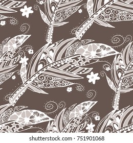 Seamless Pattern with Gentle Feathers. Feminine White Doodles on Light Background. Modern Rapport with Hand Drawn Zentzngles Scanned and Traced to Vector. Romantic Texture for Wallpaper