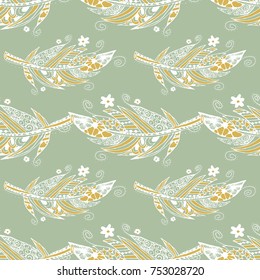 Seamless Pattern with Gentle Feathers. Feminine White Doodles on Light Background. Modern Rapport with Hand Drawn Zentzngles Scanned and Traced to Vector. Romantic Texture for Wallpaper
