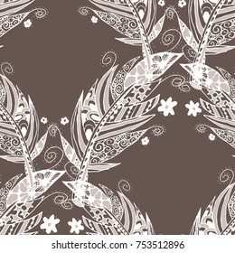 Seamless Pattern with Gentle Feathers. Feminine White Doodles on Light Background. Modern Rapport with Hand Drawn Zentzngles Scanned and Traced to Vector. Romantic Texture for Wallpaper