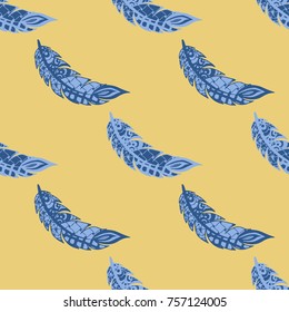 Seamless Pattern with Gentle Feathers. Feminine White Doodles on Light Background. Modern Rapport with Hand Drawn Zentangles Scanned and Traced to Vector. Romantic Texture for Wallpaper
