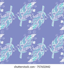 Seamless Pattern with Gentle Feathers. Feminine White Doodles on Light Background. Modern Rapport with Hand Drawn Zentzngles Scanned and Traced to Vector. Romantic Texture for Wallpaper