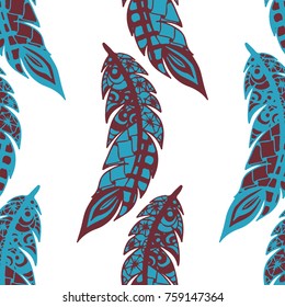 Seamless Pattern with Gentle Feathers. Feminine White Doodles on Light Background. Modern Rapport with Hand Drawn Zentangles Scanned and Traced to Vector. Romantic Texture for Wallpaper