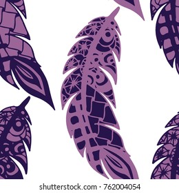 Seamless Pattern with Gentle Feathers. Feminine White Doodles on Light Background. Modern Rapport with Hand Drawn Zentangles Scanned and Traced to Vector. Romantic Texture for Wallpaper