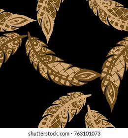 Seamless Pattern with Gentle Feathers. Feminine White Doodles on Light Background. Modern Rapport with Hand Drawn Zentangles Scanned and Traced to Vector. Romantic Texture for Wallpaper
