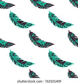 Seamless Pattern with Gentle Feathers. Feminine White Doodles on Light Background. Modern Rapport with Hand Drawn Zentangles Scanned and Traced to Vector. Romantic Texture for Wallpaper