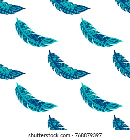 Seamless Pattern with Gentle Feathers. Feminine White Doodles on Light Background. Modern Rapport with Hand Drawn Zentangles Scanned and Traced to Vector. Romantic Texture for Wallpaper