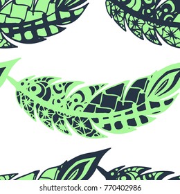 Seamless Pattern with Gentle Feathers. Feminine White Doodles on Light Background. Modern Rapport with Hand Drawn Zentangles Scanned and Traced to Vector. Romantic Texture for Wallpaper