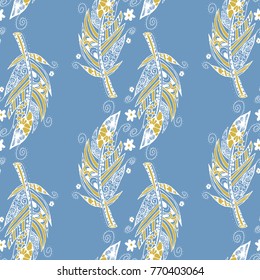 Seamless Pattern with Gentle Feathers. Feminine White Doodles on Light Background. Modern Rapport with Hand Drawn Zentzngles Scanned and Traced to Vector. Romantic Texture for Wallpaper