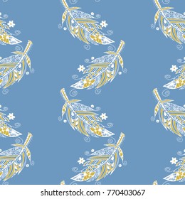Seamless Pattern with Gentle Feathers. Feminine White Doodles on Light Background. Modern Rapport with Hand Drawn Zentzngles Scanned and Traced to Vector. Romantic Texture for Wallpaper