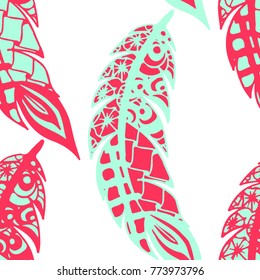 Seamless Pattern with Gentle Feathers. Feminine White Doodles on Light Background. Modern Rapport with Hand Drawn Zentangles Scanned and Traced to Vector. Romantic Texture for Wallpaper