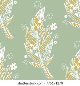 Seamless Pattern with Gentle Feathers. Feminine White Doodles on Light Background. Modern Rapport with Hand Drawn Zentzngles Scanned and Traced to Vector. Romantic Texture for Wallpaper