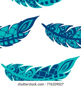 Seamless Pattern with Gentle Feathers. Feminine White Doodles on Light Background. Modern Rapport with Hand Drawn Zentangles Scanned and Traced to Vector. Romantic Texture for Wallpaper