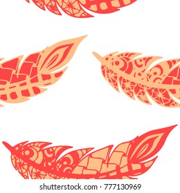 Seamless Pattern with Gentle Feathers. Feminine White Doodles on Light Background. Modern Rapport with Hand Drawn Zentangles Scanned and Traced to Vector. Romantic Texture for Wallpaper