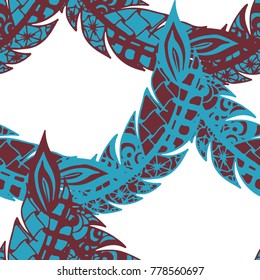 Seamless Pattern with Gentle Feathers. Feminine White Doodles on Light Background. Modern Rapport with Hand Drawn Zentangles Scanned and Traced to Vector. Romantic Texture for Wallpaper