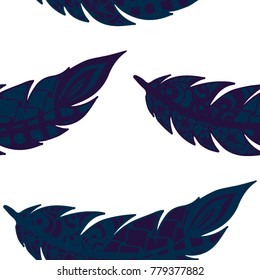 Seamless Pattern with Gentle Feathers. Feminine White Doodles on Light Background. Modern Rapport with Hand Drawn Zentangles Scanned and Traced to Vector. Romantic Texture for Wallpaper