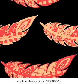 Seamless Pattern with Gentle Feathers. Feminine White Doodles on Light Background. Modern Rapport with Hand Drawn Zentangles Scanned and Traced to Vector. Romantic Texture for Wallpaper