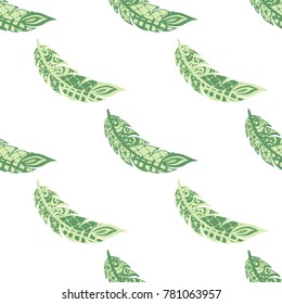 Seamless Pattern with Gentle Feathers. Feminine White Doodles on Light Background. Modern Rapport with Hand Drawn Zentangles Scanned and Traced to Vector. Romantic Texture for Wallpaper
