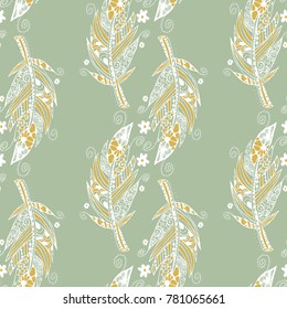 Seamless Pattern with Gentle Feathers. Feminine White Doodles on Light Background. Modern Rapport with Hand Drawn Zentzngles Scanned and Traced to Vector. Romantic Texture for Wallpaper