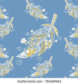 Seamless Pattern with Gentle Feathers. Feminine White Doodles on Light Background. Modern Rapport with Hand Drawn Zentzngles Scanned and Traced to Vector. Romantic Texture for Wallpaper