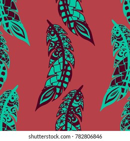 Seamless Pattern with Gentle Feathers. Feminine White Doodles on Light Background. Modern Rapport with Hand Drawn Zentangles Scanned and Traced to Vector. Romantic Texture for Wallpaper