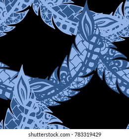 Seamless Pattern with Gentle Feathers. Feminine White Doodles on Light Background. Modern Rapport with Hand Drawn Zentangles Scanned and Traced to Vector. Romantic Texture for Wallpaper