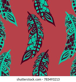 Seamless Pattern with Gentle Feathers. Feminine White Doodles on Light Background. Modern Rapport with Hand Drawn Zentangles Scanned and Traced to Vector. Romantic Texture for Wallpaper