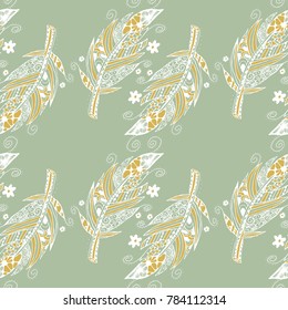 Seamless Pattern with Gentle Feathers. Feminine White Doodles on Light Background. Modern Rapport with Hand Drawn Zentzngles Scanned and Traced to Vector. Romantic Texture for Wallpaper