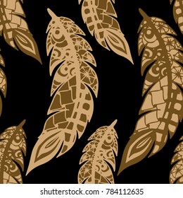 Seamless Pattern with Gentle Feathers. Feminine White Doodles on Light Background. Modern Rapport with Hand Drawn Zentangles Scanned and Traced to Vector. Romantic Texture for Wallpaper