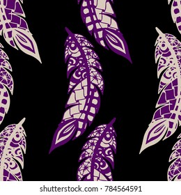Seamless Pattern with Gentle Feathers. Feminine White Doodles on Light Background. Modern Rapport with Hand Drawn Zentangles Scanned and Traced to Vector. Romantic Texture for Wallpaper