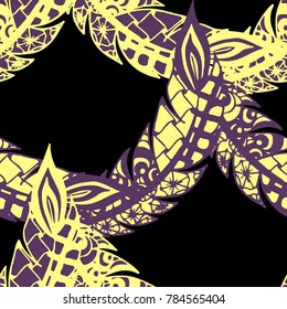Seamless Pattern with Gentle Feathers. Feminine White Doodles on Light Background. Modern Rapport with Hand Drawn Zentangles Scanned and Traced to Vector. Romantic Texture for Wallpaper