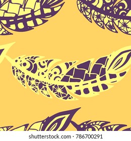 Seamless Pattern with Gentle Feathers. Feminine White Doodles on Light Background. Modern Rapport with Hand Drawn Zentangles Scanned and Traced to Vector. Romantic Texture for Wallpaper