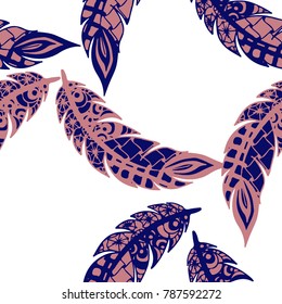 Seamless Pattern with Gentle Feathers. Feminine White Doodles on Light Background. Modern Rapport with Hand Drawn Zentangles Scanned and Traced to Vector. Romantic Texture for Wallpaper