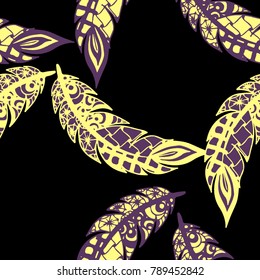 Seamless Pattern with Gentle Feathers. Feminine White Doodles on Light Background. Modern Rapport with Hand Drawn Zentangles Scanned and Traced to Vector. Romantic Texture for Wallpaper