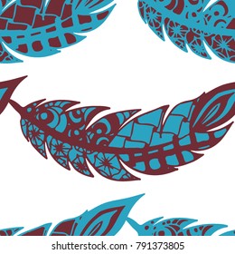 Seamless Pattern with Gentle Feathers. Feminine White Doodles on Light Background. Modern Rapport with Hand Drawn Zentangles Scanned and Traced to Vector. Romantic Texture for Wallpaper