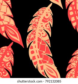 Seamless Pattern with Gentle Feathers. Feminine White Doodles on Light Background. Modern Rapport with Hand Drawn Zentangles Scanned and Traced to Vector. Romantic Texture for Wallpaper