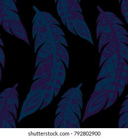 Seamless Pattern with Gentle Feathers. Feminine White Doodles on Light Background. Modern Rapport with Hand Drawn Zentangles Scanned and Traced to Vector. Romantic Texture for Wallpaper