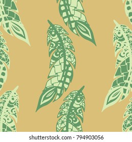 Seamless Pattern with Gentle Feathers. Feminine White Doodles on Light Background. Modern Rapport with Hand Drawn Zentangles Scanned and Traced to Vector. Romantic Texture for Wallpaper