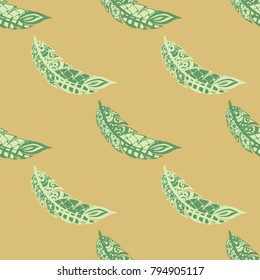 Seamless Pattern with Gentle Feathers. Feminine White Doodles on Light Background. Modern Rapport with Hand Drawn Zentangles Scanned and Traced to Vector. Romantic Texture for Wallpaper