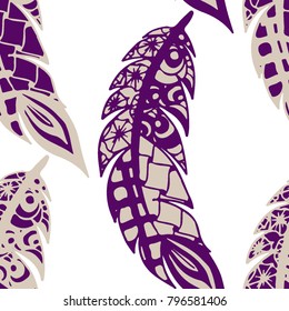 Seamless Pattern with Gentle Feathers. Feminine White Doodles on Light Background. Modern Rapport with Hand Drawn Zentangles Scanned and Traced to Vector. Romantic Texture for Wallpaper