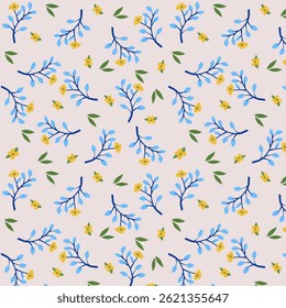 Seamless pattern, gentle floral print  with a floral design, small flowers, leaves.  Vector illustration