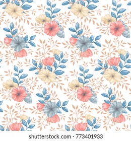 Seamless pattern with gentle florals in pastel colors. Flower wallpaper in romantic retro style for fabric, backdrop, wrappint paper, cover, cards, textile.