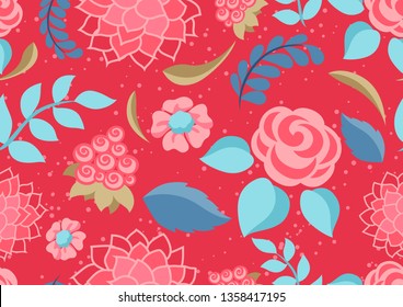 Seamless pattern with gentle flowers. Beautiful decorative natural plants, buds and leaves.